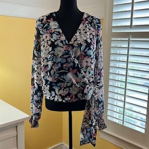 bar III Floral Wrap Blouse, Long Sleeve, Deep V-Neck, Blue/Punk/White, Size XXL